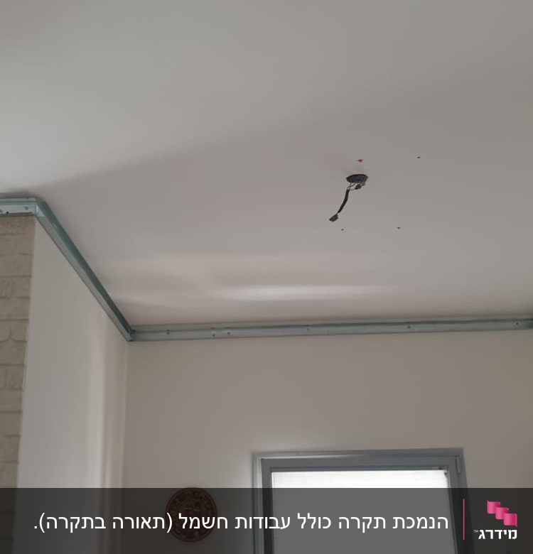עובד מתקין לוחות גבס בתקרה עם מסגרת מתכת